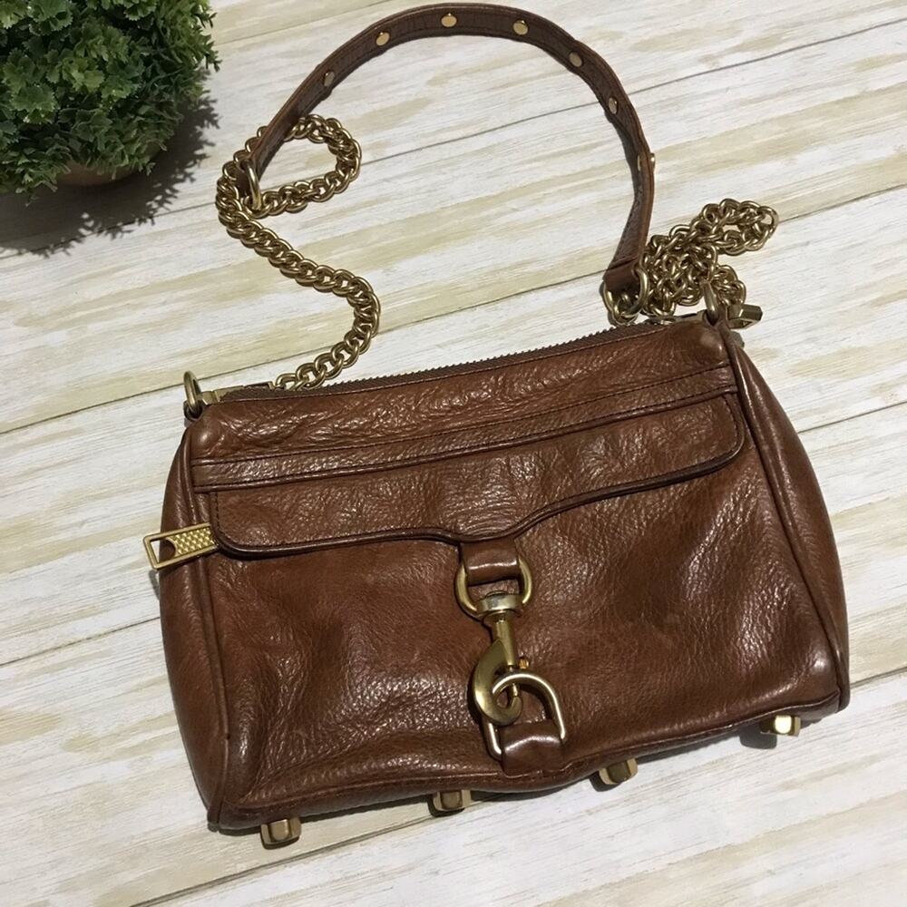 Rebecca Minkoff Brown Cognac Gold‎ Textured Leather Chain Crossbody Bag Purse